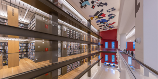 Interior photo of Stavros Niarchos Foundation Library (SNFL)'s long room featuring several levels of browsable bookshelves