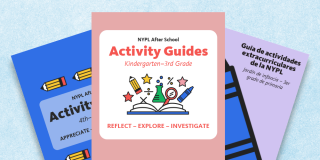 Brightly colored covers of three NYPL After School activity guides, with cover text in English and Spanish, against a light blue background.