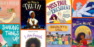 Purple background featuring a cover collage with books from NYPL's Essential Reads on Feminism list for kids