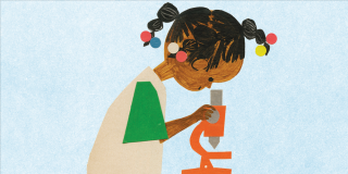 Light blue background featuring a painting of a young Black girl with braids gazing into an orange microscope while wearing a tan and green t-shirt