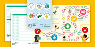 Goldenrod background featuring a preview of a Summer Learning activity page with multiple badges, including a close-up look at an activity tracker that features colorful circles and children