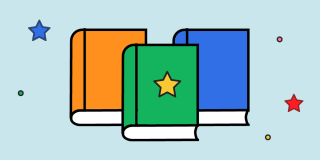 Light blue background that features an illustration of colorful stars and three books in orange, green, and blue