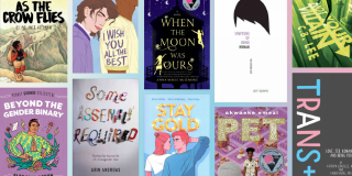 Blue, white, and pink ombre background with a cover collage of books from NYPL's Trans, Nonbinary, and Gender Nonconforming Reads list for teens
