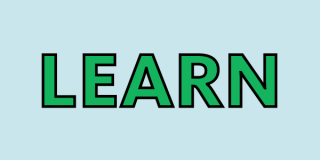 Light blue background featuring bold letters in green that read: Learn