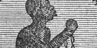 Closeup image of a black-and-white etching or illustration of an enslaved person with chains on their wrists