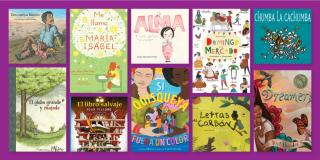 Book cover collage on a purple background featuring Spanish-language kids titles