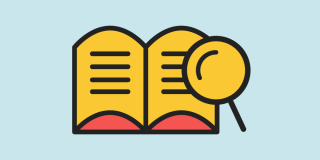 Light blue background with an icon of an open yellow book with a magnifying glass