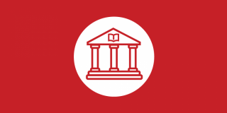 Red rectangle with a white circle that contains a red icon of a library building facade.