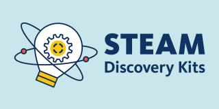Light blue background featuring an illustration of a light bulb with a gear in the center next to dark blue text that reads: STEAM Discovery Kits