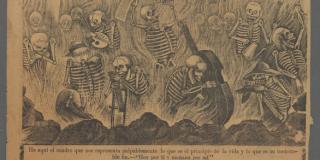 yellow broadsheet with print of artist and musician skeletons engulfed in flames