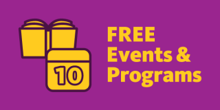 Bright purple background with marigold-hued icons of books and a calendar alongside bold text that reads: FREE Events & Programs. 