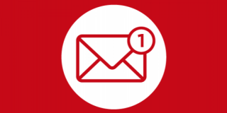 Red rectangle with a white circle and a red icon of an envelope with a notification symbol in the corner.