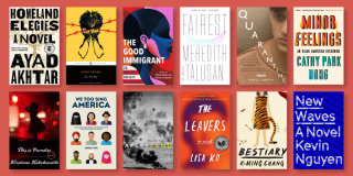 Coral background with book covers from the AAPI Heritage Book List including titles like: We Too Sing America, The Leavers, Bestiary, New Waves, and Quarantine. 