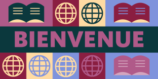 Colorful graphic featuring icons of books and globes with text in French: Bienvenue.