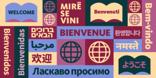 Colorful graphic featuring icons of books and globes with text in multiple languages that reads: World Literature Festival.