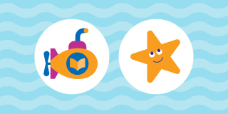 Graphic illustration with light blue waves in the background with two different badges superimposed on top: one of a submarine with a book and one of a smiling starfish. 
