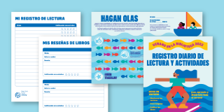 Light blue background with an array of downloadable reading log, book review, and activity tracker pages displayed in Spanish. 