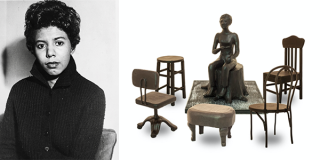 On the left, there is a black and white headshot of Lorraine Hansberry. On the right, there is a statue of Lorraine Hansberry. She is seated and surrounded by five different styles of seating such as a stool, office chair, and ottoman. 