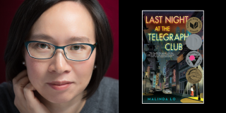 Headshot of Melinda Lo next to the cover of her book, Last Night at the Telegraph Club.