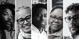 Five black and white images of Black writers in an array of poses