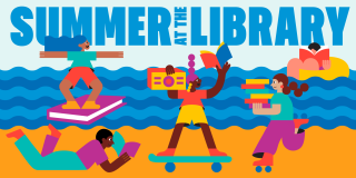 Graphic illustration of a diverse group of people playing with and surfing on books in an ocean with superimposed text in blue that reads: Summer at the Library.