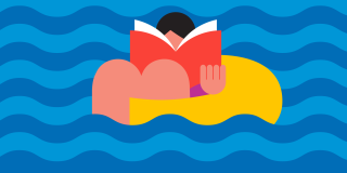 Colorful illustration of a teen holding a book and floating in the water inside of a round tube. 