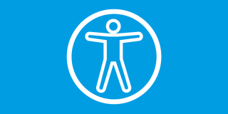 Graphic featuring a blue background with a bold, white, and centered accessibility icon featuring a person with outstretched arms. 