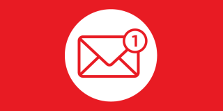Graphic featuring a red background with a white circle in the center with the red outline of an envelope with a notification icon in the top right corner. 