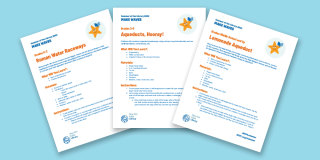 Graphic of three activity pages fanned out against a light blue background; the text on the pages is too small to be legible. 