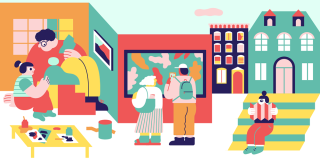 Colorful illustration of people in various art-related scenes for NYC's Culture Pass program. 