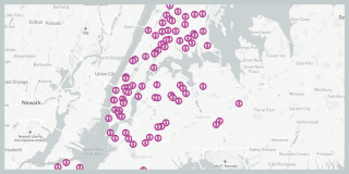 Screenshot of a black-and-white map of Manhattan, Queens, and Brooklyn, featuring various purple dot icons with dancing figures that denote Dance Party NYC locations. 