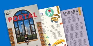 Bright blue background featuring an inside look at the NYPL Teen Reading Ambassador magazine, Portal, featuring several pages of small, illegible text and images