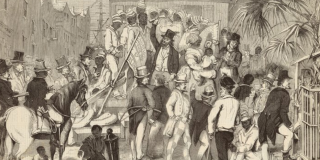 Close-up of a historical illustration by Eyre Crowe: Slave sale, Charleston, South Carolina.