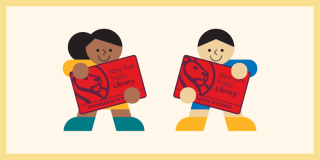 Beige background with a stylized illustration of two children holding oversized NYPL cards. 