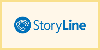 Beige background with a circle icon that shows a telephone with stars next to bold blue text that reads: Story Line. 