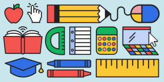 Blue background with stylized icons of school supplies including a pencil, laptop, notebook paper, and more. 