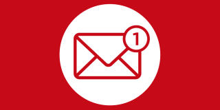 Red graphic with a bold red and white email icon in the center.