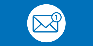 Blue background with an icon of an envelope with a notification symbol in the top right corner.