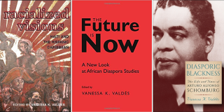 Book covers of Racialized Visions: Haiti and the Hispanic Caribbean, The Future is Now: A New Look at African Diaspora Studies, and Diasporic Blackness: The Life and Times of Arturo Alfonso Schomburg by Dr. Vanessa K. Valdés.