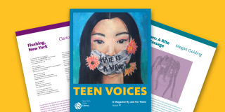Cover of a magazine with a blue background with the title Teen Voices 
