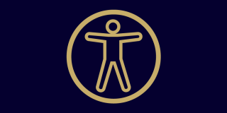 Graphic featuring a navy blue background with a bold, gold, and centered accessibility icon featuring a person with outstretched arms. 
