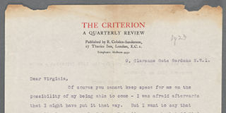 Front side of a typescript letter printed on the letterhead of “The Criterion: A Quarterly Review”