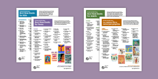 Lilac background featuring inset previews of PDFs with the Best Books titles listed.