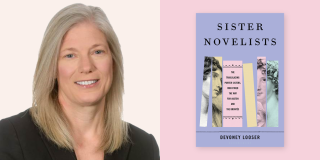 Headshot of Devoney Looser next to the cover of her book, Sister Novelists.