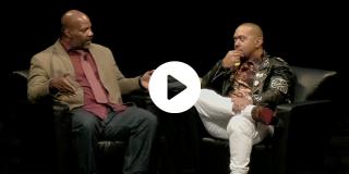 Video still of Timbaland and Jelani Cobb in conversation, seated on stage.