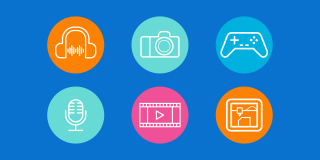 Multicolored icons representing Teen Center resources: audio recording studio, photography, gaming, video equipment, and 3-D printer.