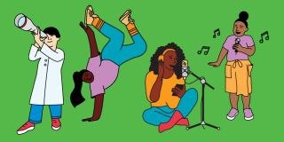 Colorful illustration features people using a telescope, dancing, recording into a mic, and singing.