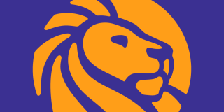 Close-up crop of the NYPL lion logo in a gold and purple color palette.