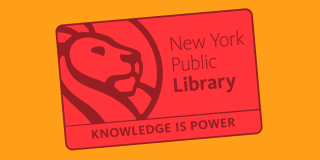 Red NYPL library card on an orange background.