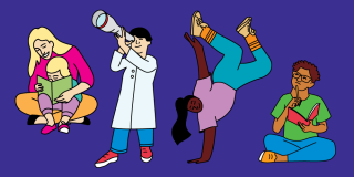 Illustration features people reading, using a telescope, breakdancing, and writing against a purple background.